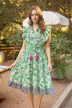 Green Print Mix Match Tassel Detailed Tiered Midi Dress