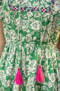 Green Print Mix Match Tassel Detailed Tiered Midi Dress