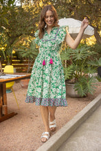 Green Print Mix Match Tassel Detailed Tiered Midi Dress