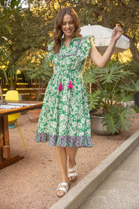 Green Print Mix Match Tassel Detailed Tiered Midi Dress