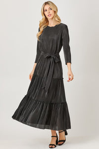 Black Layred Pleated Maxi Dress With Tie Belt