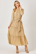 Champagne Layred Pleated Maxi Dress With Tie Belt