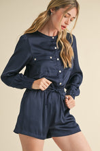 Midnight Blue Snap Placket With Flap Pockets Sateen Romper