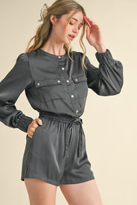 Gunmetal Grey Snap Placket With Flap Pockets Sateen Romper