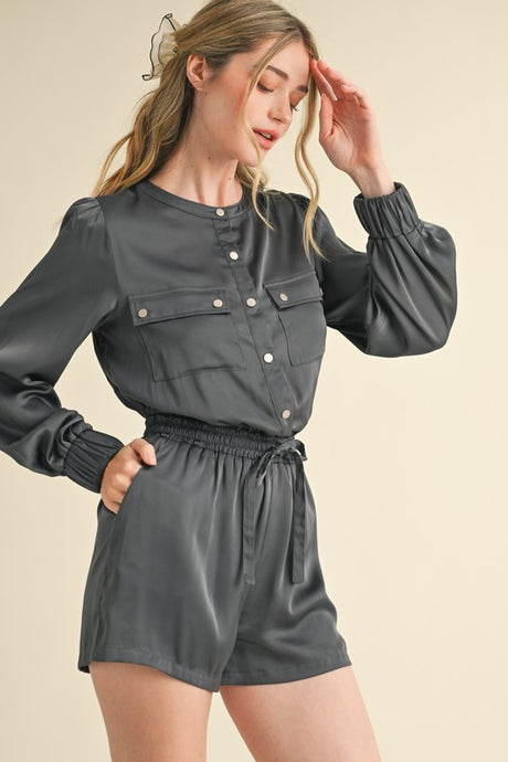 Gunmetal Grey Snap Placket With Flap Pockets Sateen Romper