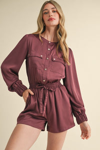 Ash Maroon Snap Placket With Flap Pockets Sateen Romper