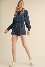 Midnight Blue Snap Placket With Flap Pockets Sateen Romper
