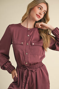 Ash Maroon Snap Placket With Flap Pockets Sateen Romper