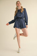 Midnight Blue Snap Placket With Flap Pockets Sateen Romper