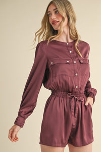 Ash Maroon Snap Placket With Flap Pockets Sateen Romper