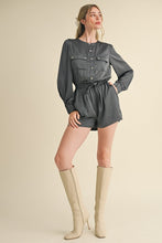 Gunmetal Grey Snap Placket With Flap Pockets Sateen Romper