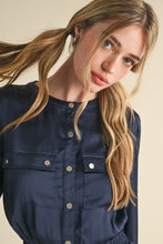 Midnight Blue Snap Placket With Flap Pockets Sateen Romper