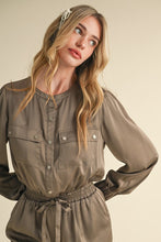 Vintage Khaki Snap Placket With Flap Pockets Sateen Romper