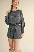 Gunmetal Grey Snap Placket With Flap Pockets Sateen Romper