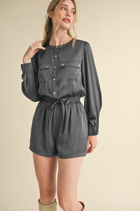 Gunmetal Grey Snap Placket With Flap Pockets Sateen Romper