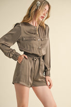 Vintage Khaki Snap Placket With Flap Pockets Sateen Romper