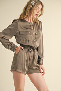 Vintage Khaki Snap Placket With Flap Pockets Sateen Romper