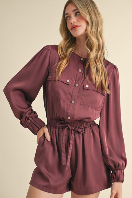 Ash Maroon Snap Placket With Flap Pockets Sateen Romper