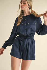 Midnight Blue Snap Placket With Flap Pockets Sateen Romper