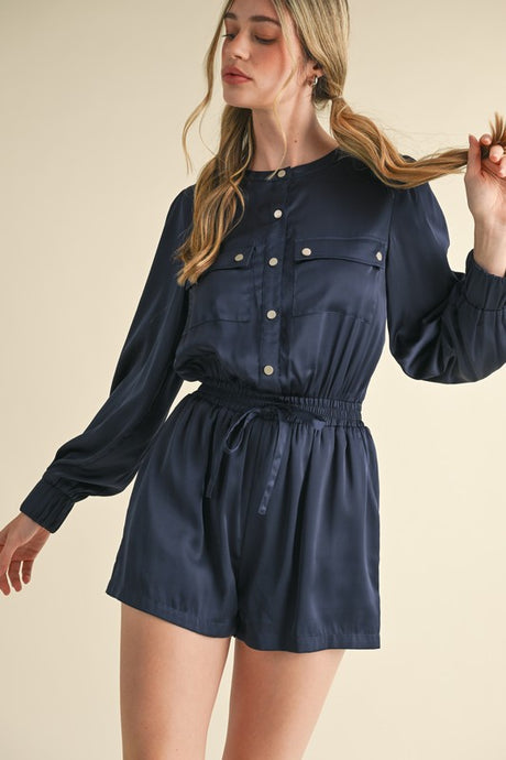 Midnight Blue Snap Placket With Flap Pockets Sateen Romper