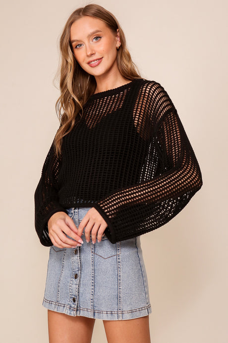 Black Crew Neck Crochet Top