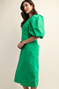Green Puff Sleeve Midi Dress