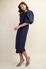 Navy Puff Sleeve Midi Dress