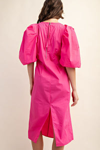 Fuchsia Puff Sleeve Midi Dress