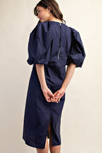 Navy Puff Sleeve Midi Dress