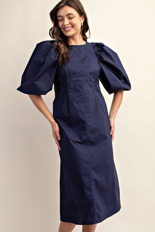 knee length dresses for ladies Navy Puff Sleeve Midi Dress – Aquarius Brand