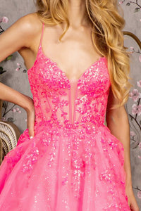 Hot Pink Glitter Illusion Sweetheart Sheer Bodice Mesh A-Line Long Dress