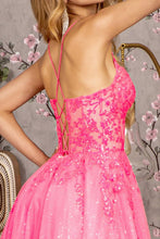 Hot Pink Glitter Illusion Sweetheart Sheer Bodice Mesh A-Line Long Dress