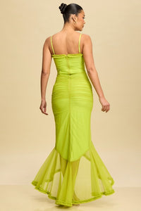 Lime Shirred Mesh Ruffle Maxi Dress
