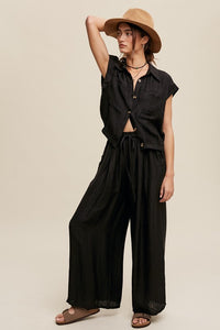 Black Button Down Top And Pleated Wide Leg Pants Set