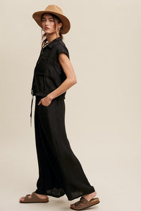 Black Button Down Top And Pleated Wide Leg Pants Set