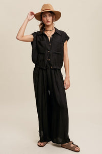 Black Button Down Top And Pleated Wide Leg Pants Set