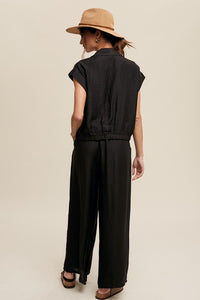 Black Button Down Top And Pleated Wide Leg Pants Set