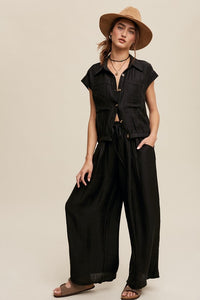 Black Button Down Top And Pleated Wide Leg Pants Set