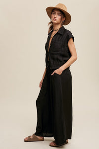 Black Button Down Top And Pleated Wide Leg Pants Set