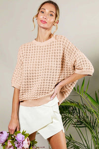 Taupe Short Sleeve Pointelle Summer Sweater Top