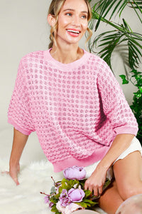 Pink Short Sleeve Pointelle Summer Sweater Top