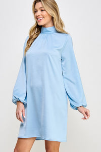 High Neck Bow Tie Back Long Sleeve Satin Dress