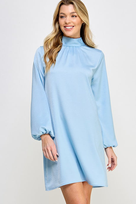 High Neck Bow Tie Back Long Sleeve Satin Dress