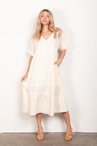 Cream Frayed Detail Soft Crinkle Gauze Midi Dress