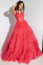 Red Deep V Neck Ruffle Detail A Line Dress