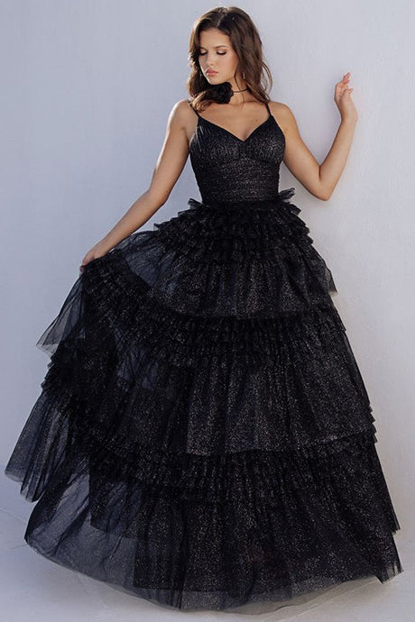 Black Deep V Neck Ruffle Detail A Line Dress