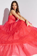 Red Deep V Neck Ruffle Detail A Line Dress