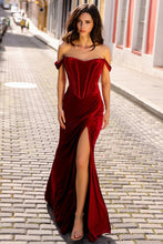 Ruby Off Shoulder Bustier Wrap Slit Velvet Gown