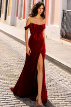 Ruby Off Shoulder Bustier Wrap Slit Velvet Gown