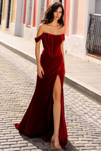 Ruby Off Shoulder Bustier Wrap Slit Velvet Gown